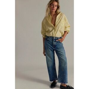 Free People Deep Trance Bumble Bee Buzz Off Jeans 31 NWT Boyfriend Embroidered